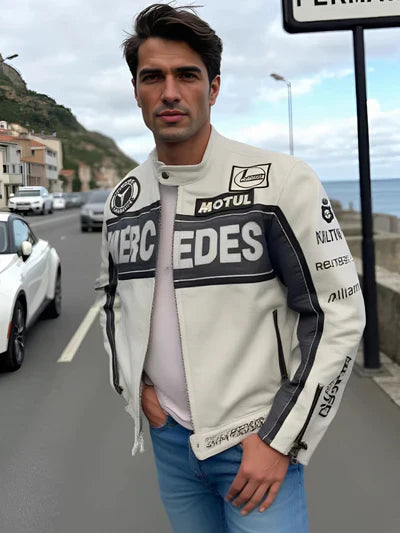 White Mercedes Leather Jacket | F1 Edition