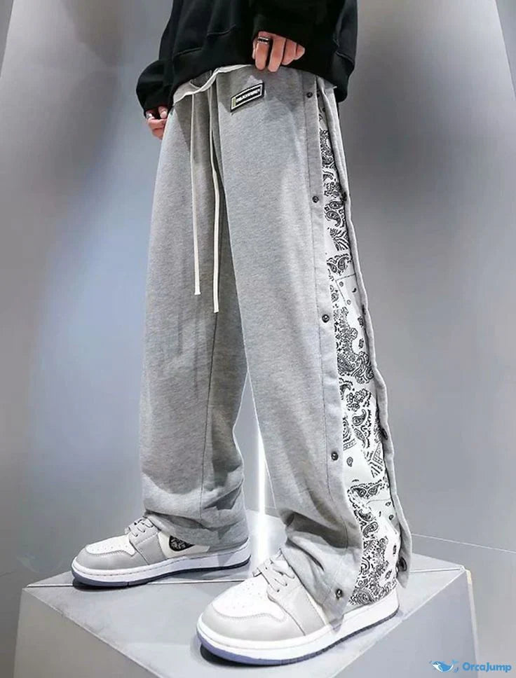 Vintage Wide-Leg Track Pants with Side Bandana Patch – Men's Streetwear Essential