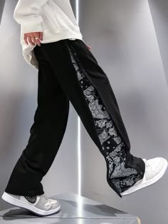 Vintage Wide-Leg Track Pants with Side Bandana Patch – Men's Streetwear Essential