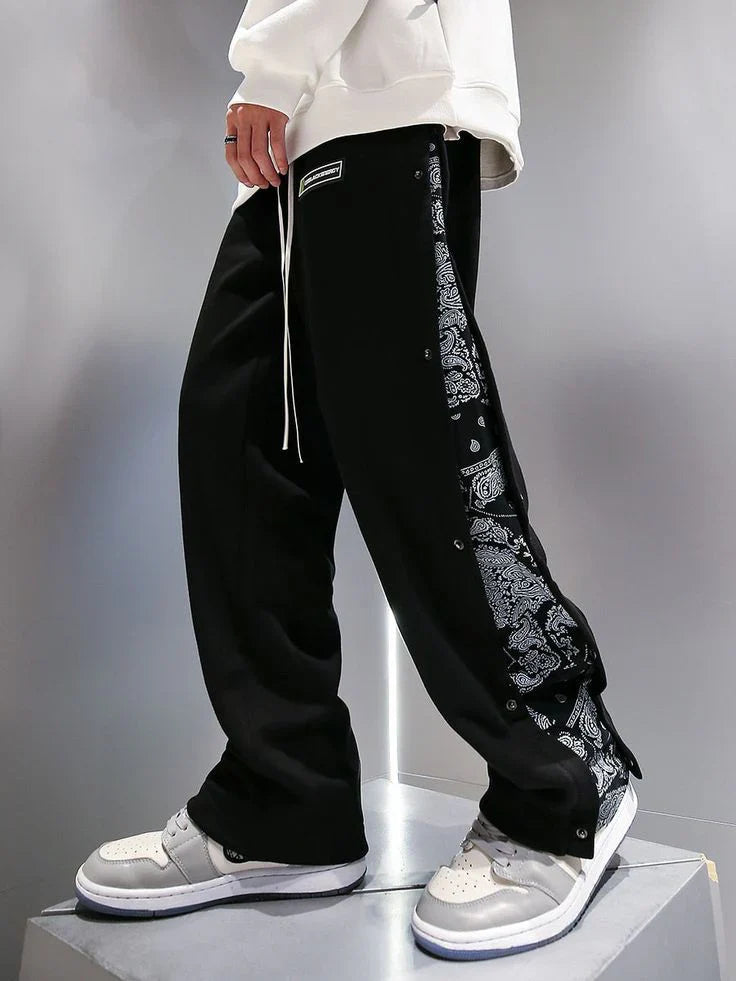 Vintage Wide-Leg Track Pants with Side Bandana Patch – Men's Streetwear Essential