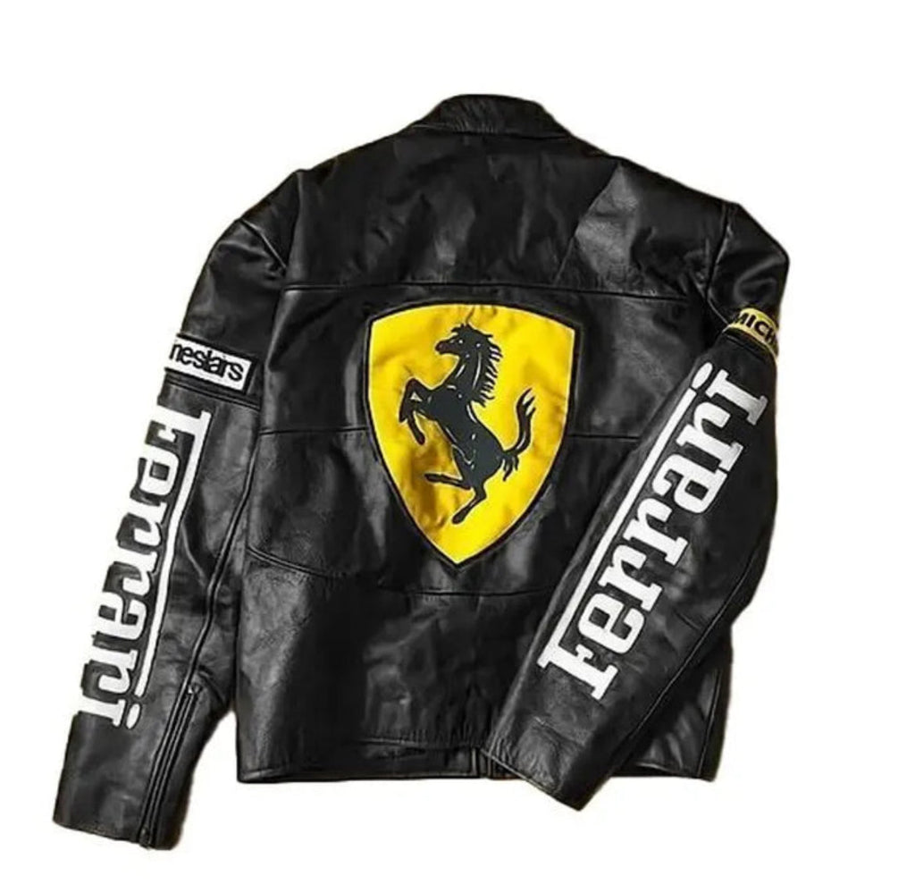 IPACRUM64 Black Ferrari Style Racing Leather Jacket – F1 Inspired Motorsport Chic
