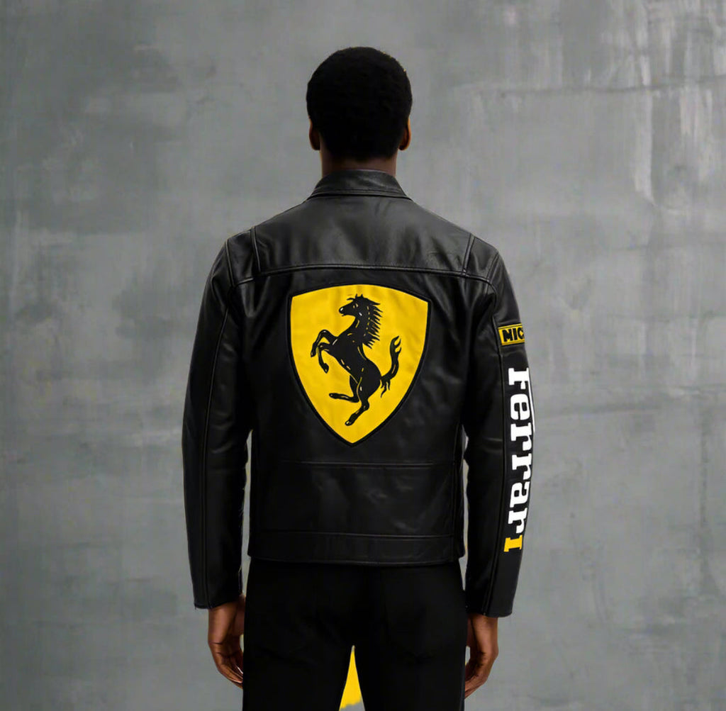 IPACRUM64 Black Ferrari Style Racing Leather Jacket – F1 Inspired Motorsport Chic
