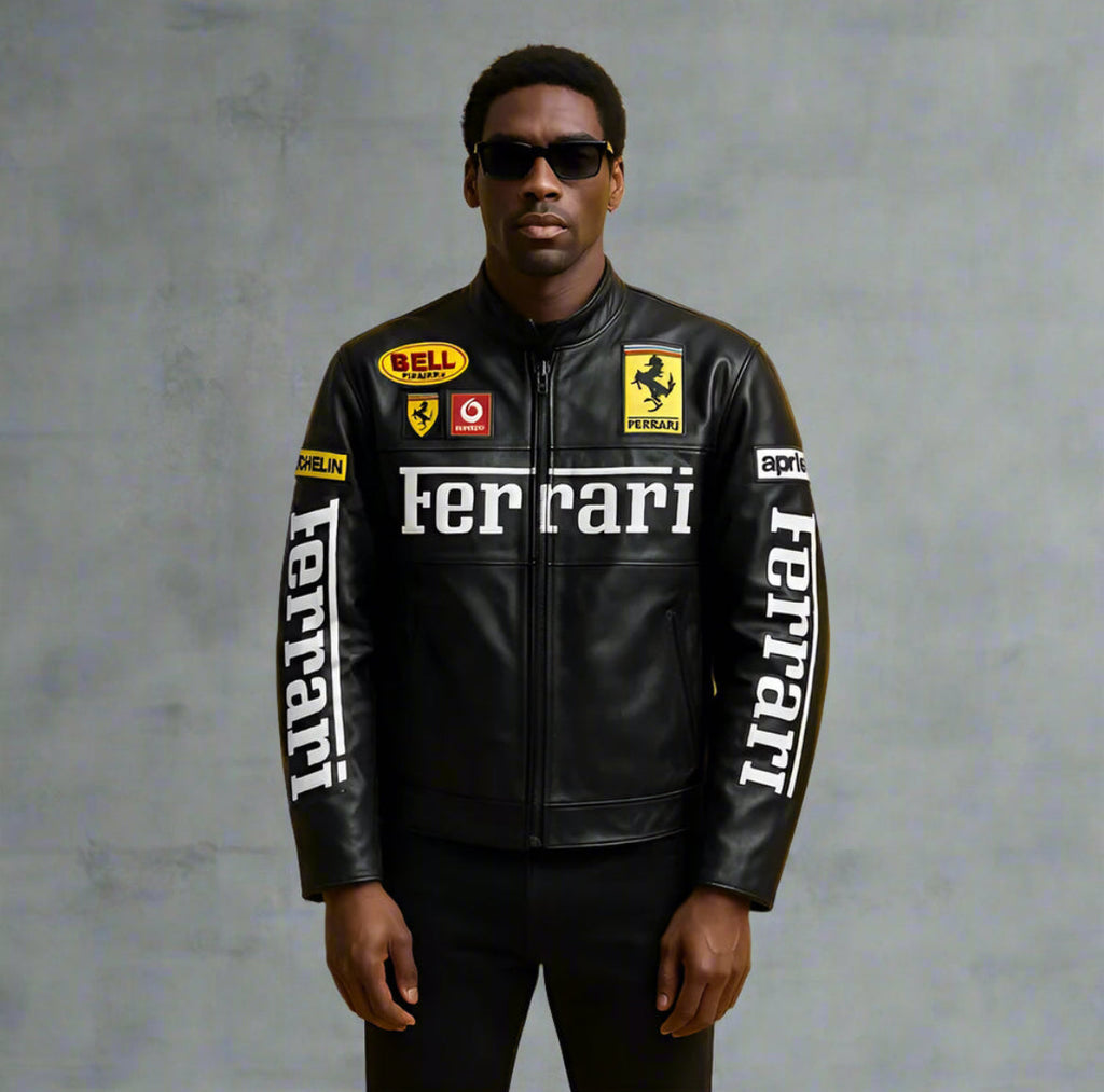 IPACRUM64 Black Ferrari Style Racing Leather Jacket – F1 Inspired Motorsport Chic