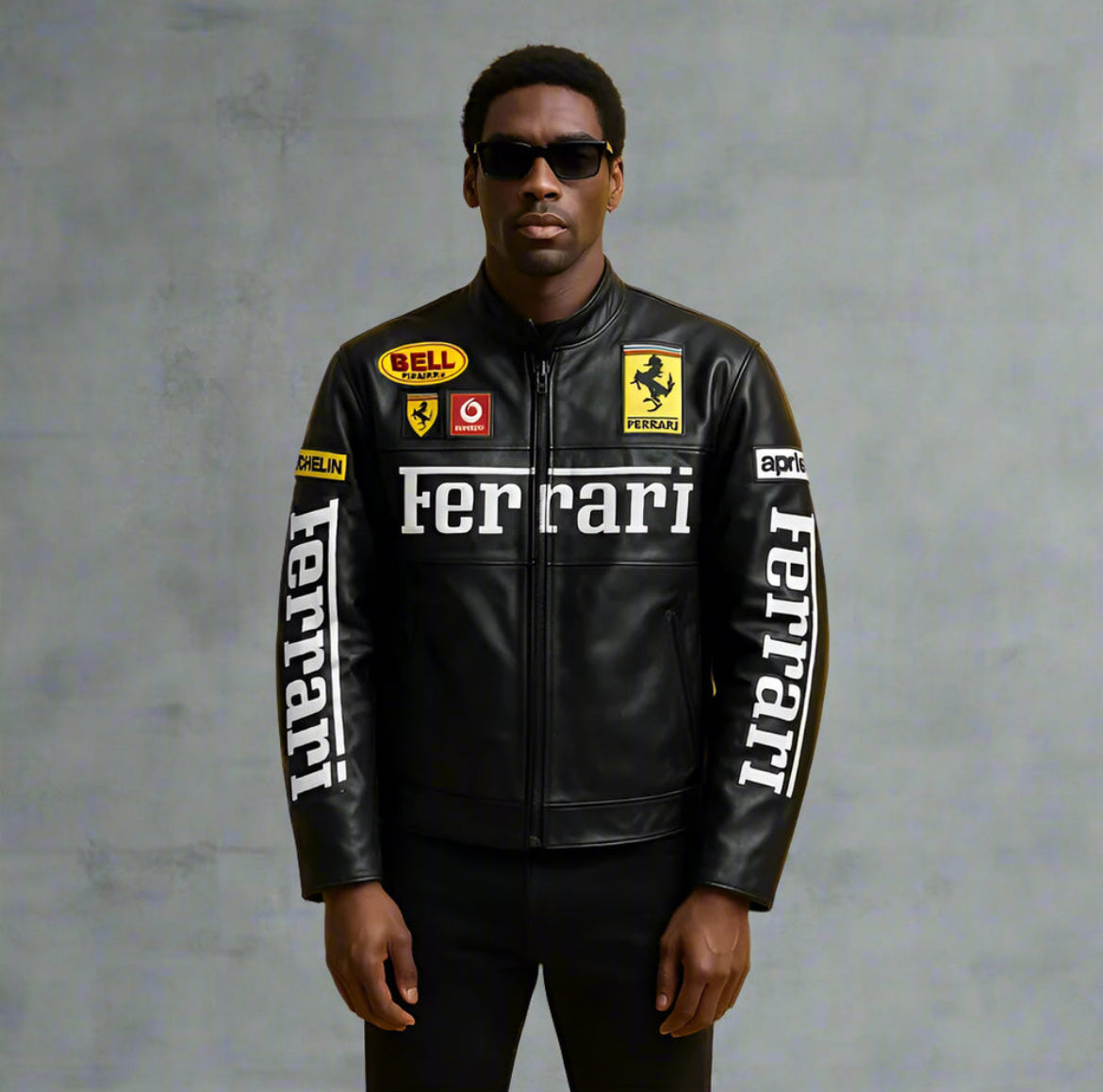 IPACRUM64 Black Ferrari Style Racing Leather Jacket – F1 Inspired Motorsport Chic