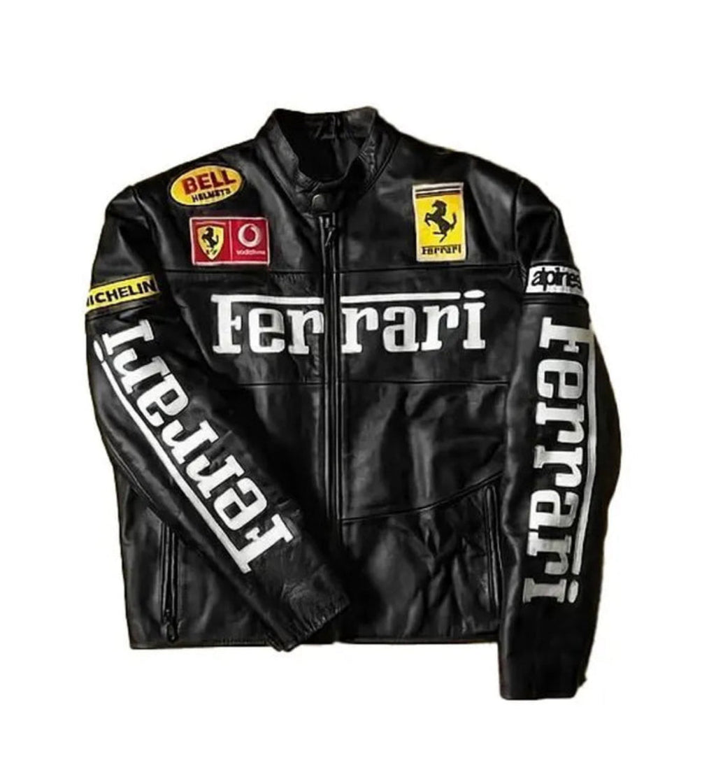 IPACRUM64 Black Ferrari Style Racing Leather Jacket – F1 Inspired Motorsport Chic