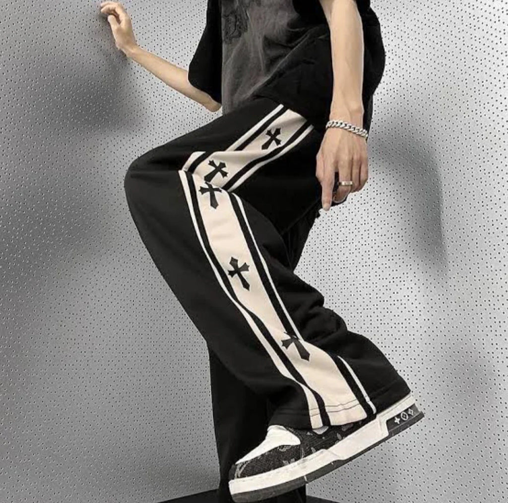 Y2K Harajuku Cross Print Baggy Track Pants – Wide Leg Streetwear Vibes