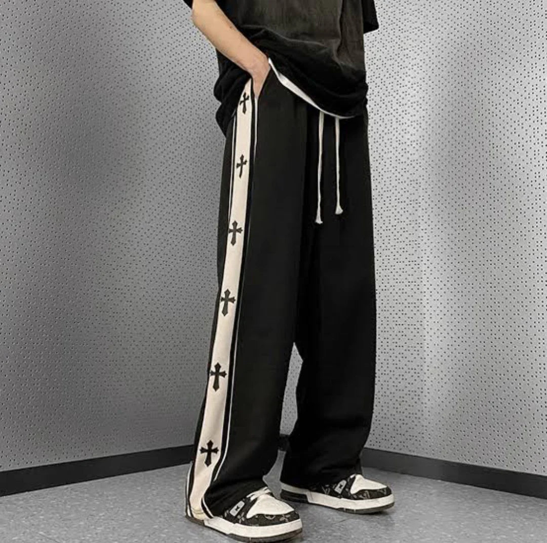 Y2K Harajuku Cross Print Baggy Track Pants – Wide Leg Streetwear Vibes