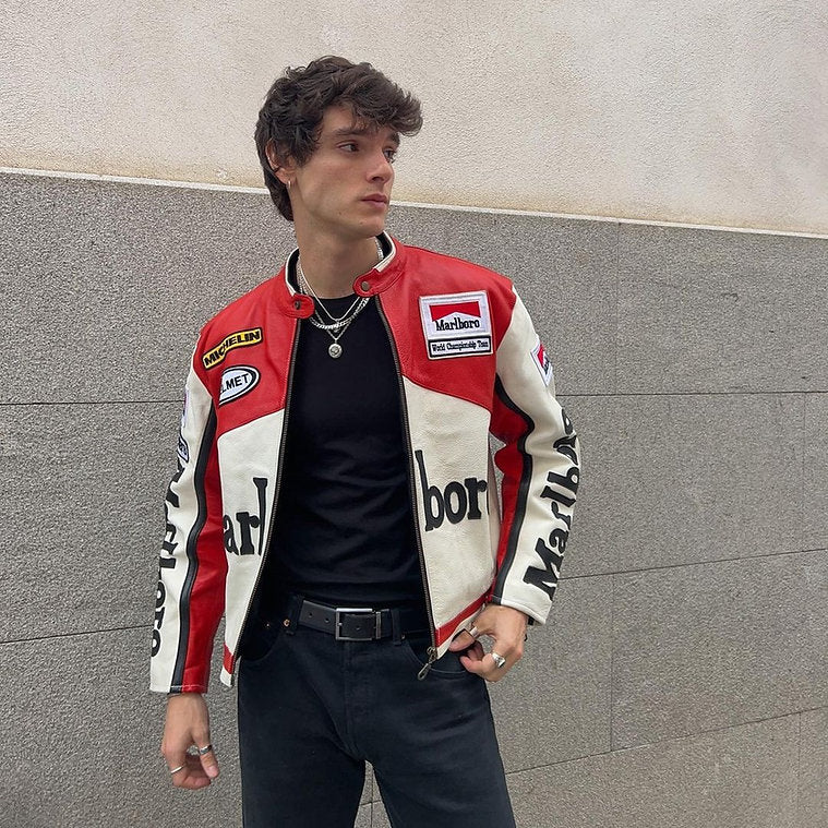Marlboro Vintage White Racing Leather Effect Racing Jacket | F1 Edition