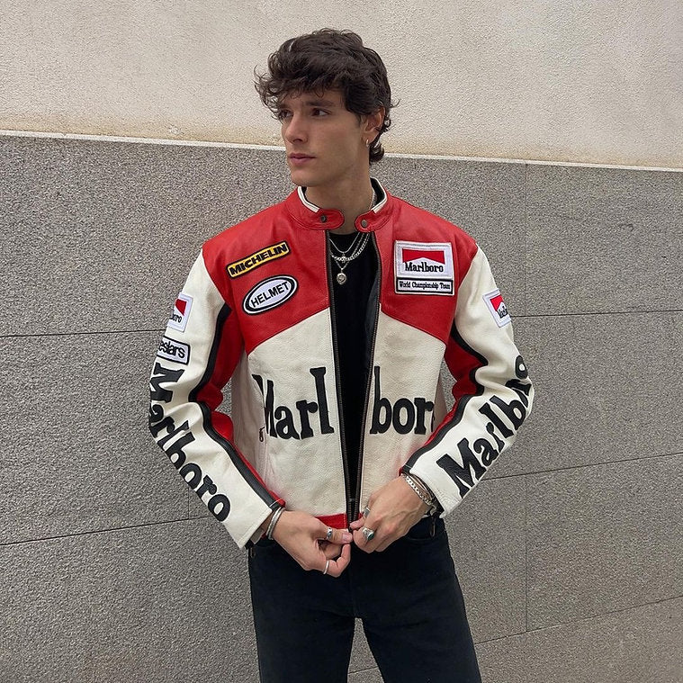 Marlboro Vintage White Racing Leather Effect Racing Jacket | F1 Edition