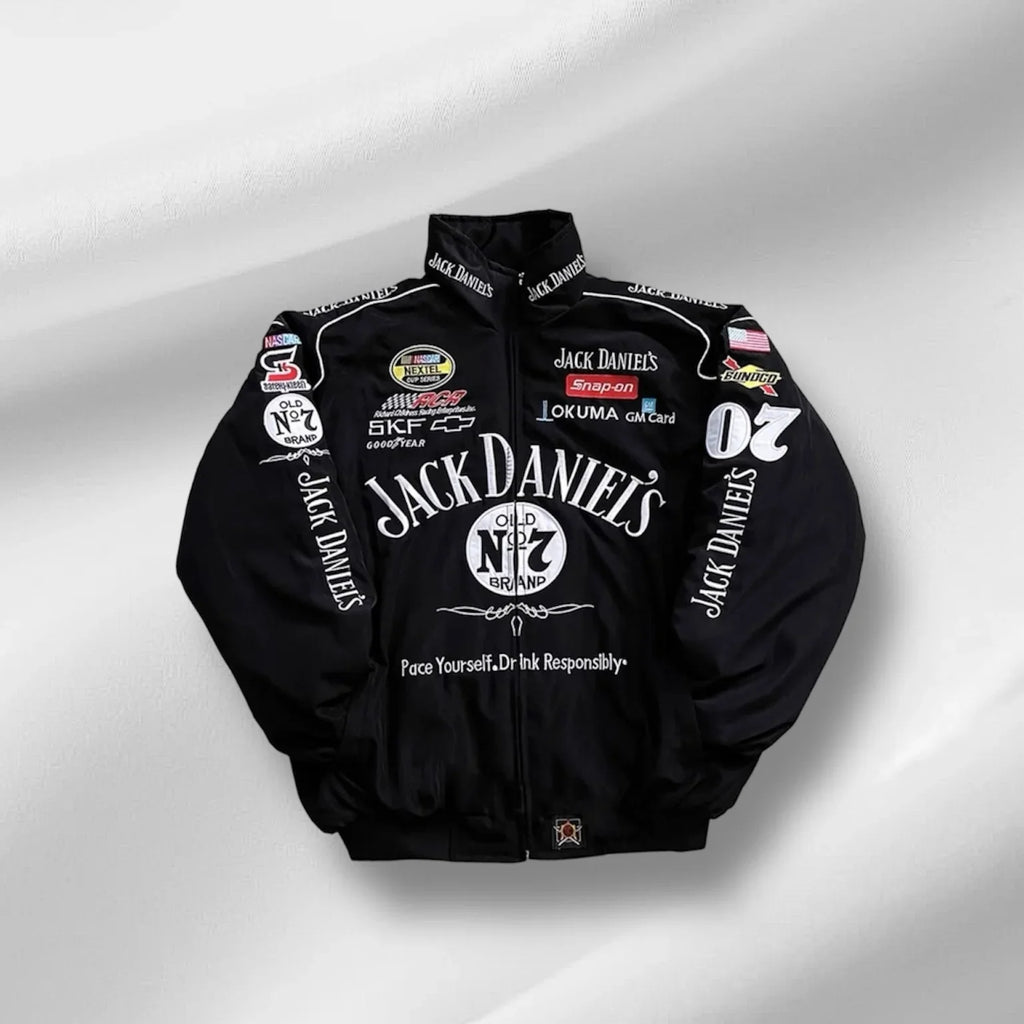 F1 Jack Daniel Puffer Jacket – Unisex Motorsport Style with Embroidery Flair