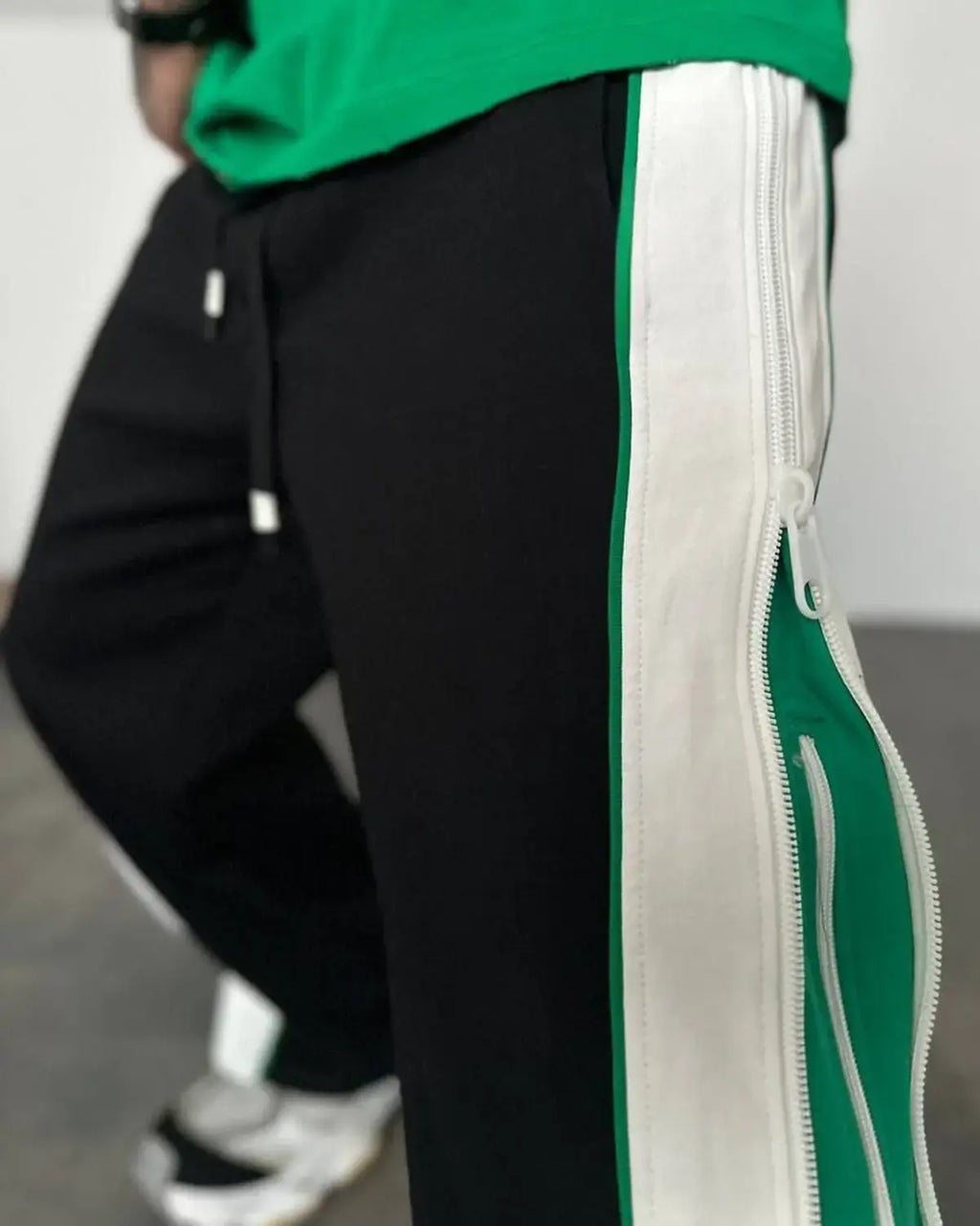 Green Straight Fit Baggy Pants 3 Way Zip Up Joggers