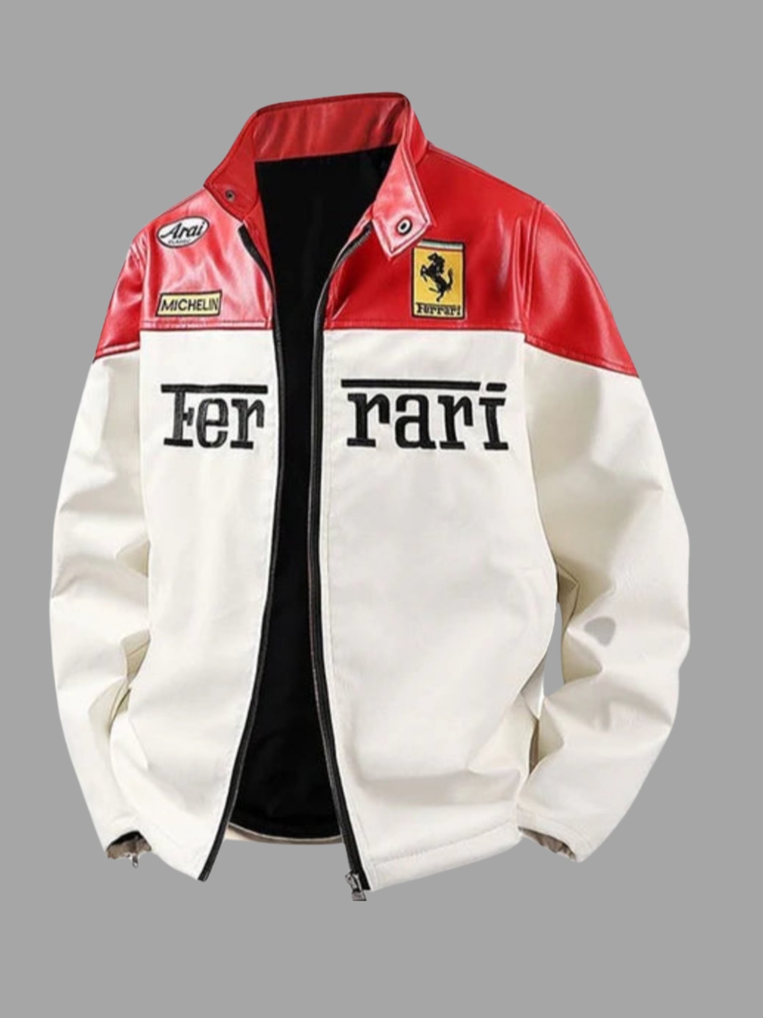 White & Red Ferrari® Racing  Leather Jacket | F1 Edition
