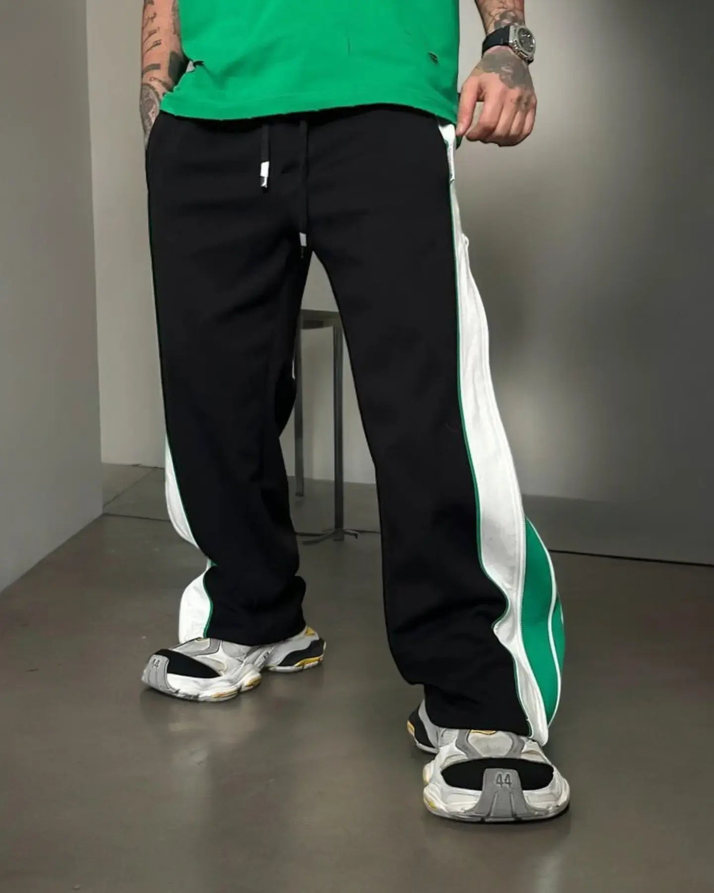 Green Straight Fit Baggy Pants 3 Way Zip Up Joggers