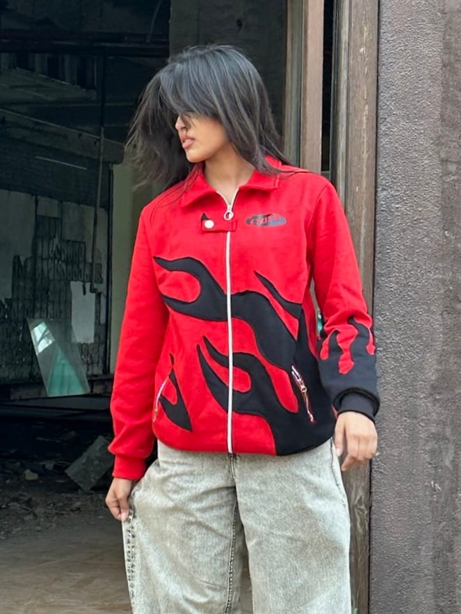 Red Flame Patch Jacket | Bold Motorsport-Inspired Streetwear