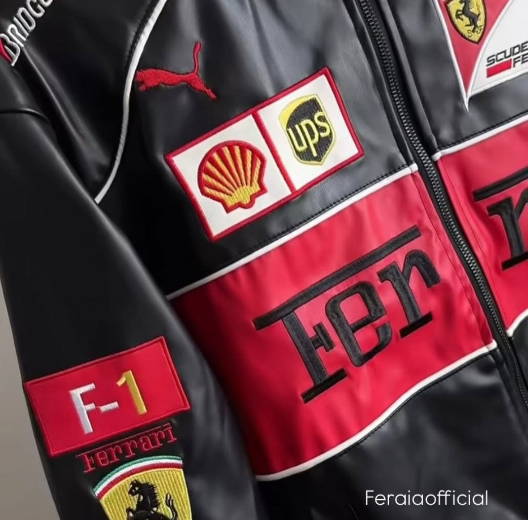 Black & Red Ferrari F1 Leather unisex jacket