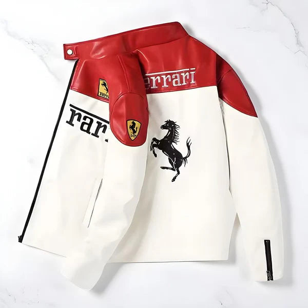 White & Red Ferrari® Racing  Leather Jacket | F1 Edition