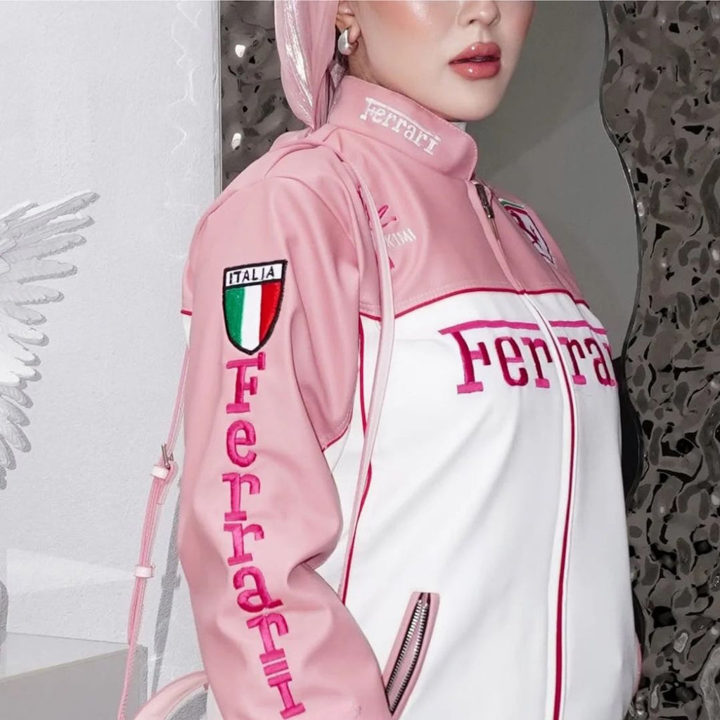 Ferrari Pink  Vintage White Racing Leather Effect Jacket | F1 Edition