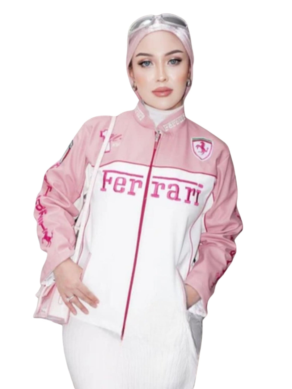 Ferrari Pink  Vintage White Racing Leather Effect Jacket | F1 Edition